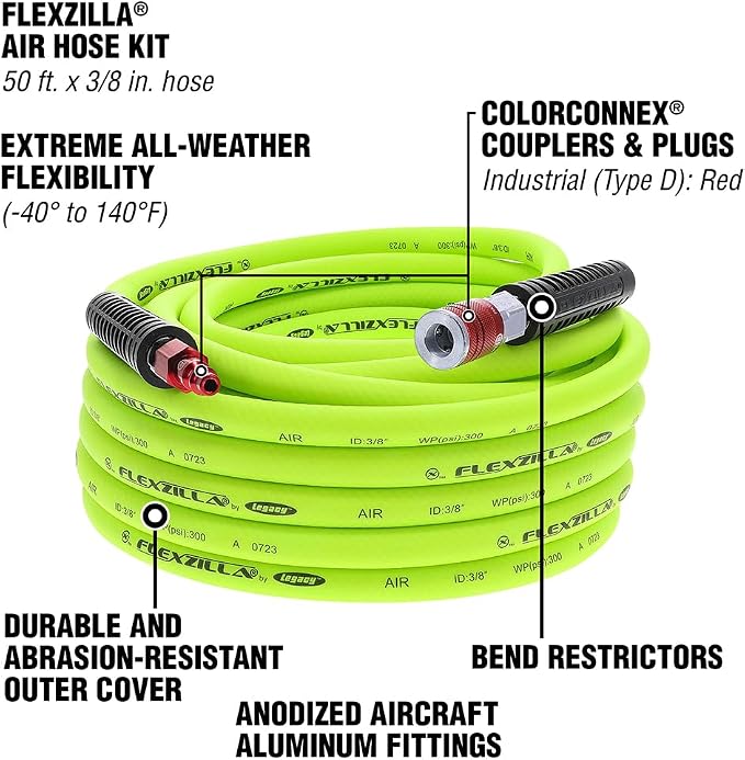 Flexzilla Air Hose with ColorConnex Industrial Type D Coupler and Plug, 3/8 in. x 50 ft., Heavy Duty, Lightweight, Hybrid, ZillaGreen - HFZ3850YW2-D (Pack of 5)