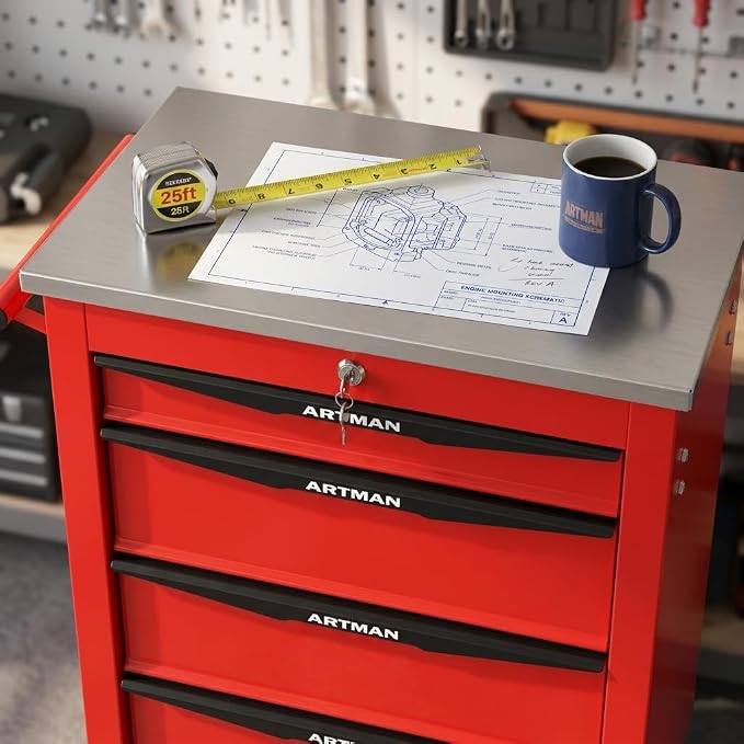 4-Drawer Rolling Tool Chest, Lockable Stainless Worktop for Garage, Red | Heavy Duty Metal Tool Cabinet with Drawers on Wheels for Warehouse and Workshop Storage