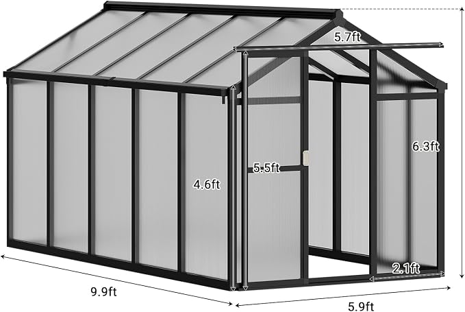 Garvee 6 X 10 Ft Greenhouse, Greenhouses for Outside, Polycarbonate Greenhouse with Aluminum Frame, Lockable Door and Ajustable Roof Vent for Backyard, Green Houses for Outside Garden Backyard, Patio