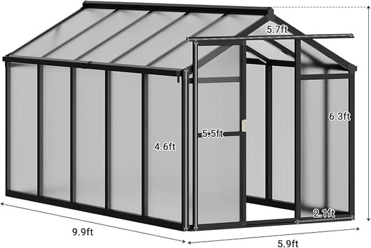 Garvee 6 X 10 Ft Greenhouse, Greenhouses for Outside, Polycarbonate Greenhouse with Aluminum Frame, Lockable Door and Ajustable Roof Vent for Backyard, Green Houses for Outside Garden Backyard, Patio