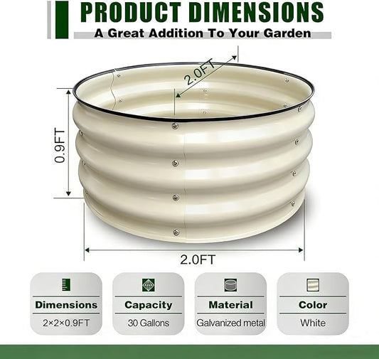 GrowHaus 2x2x1FT Galvanized Raised Garden Bed, Planter Boxes Outdoor Round Metal Garden Beds for Planting Vegetables Flowers Herbs 2 Pack Milk White