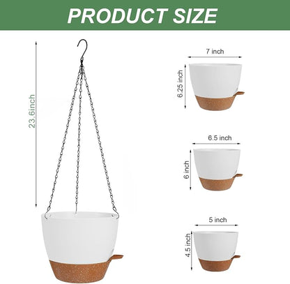 3 Pack Hanging Planter Indoor Outdoor Flower Pots 7/6.5/5 Inch, Self-Watering Hanging Pot with Drainage Holes Hanging Baskets Holder Plant Pots for Garden (White)