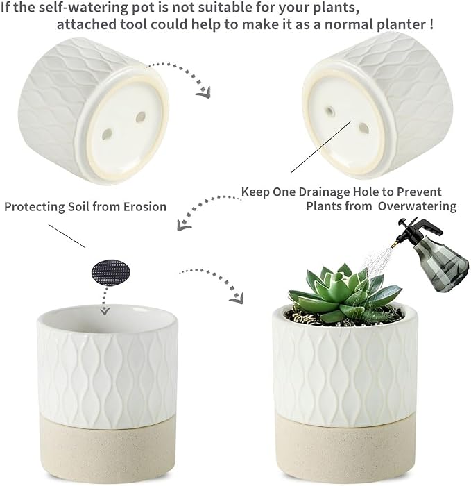 Nihow Self Watering Ceramic Plant Pot, 4.5 Inch, Cream White & Brown Net | Drainage Hole, Water Storage Plus, Indoor & Outdoor, Cylinder Flower Pot, For Herbs/Violets