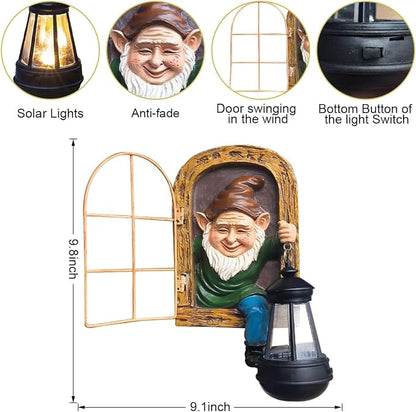 Garden Gnome Statue with Solar Lights Mom Dad Gifts Summer Decor Fairy Garden 10 in Elf Outdoor Tree Hugger Statues- Tree Face Sculpture, Yard Art for Patio,Fence,Lawn,Wall Gnomes Ornament