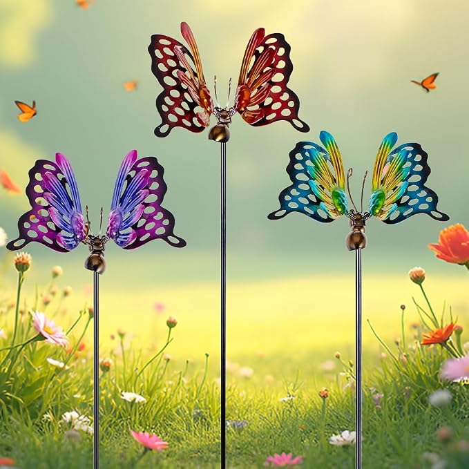 3 Pack Butterfly Decorative Garden Stakes,Metal Openwork Colorful Butterflies Yard Art Garden Stakes for Outdoor Lawn Pathway Patio Plant Pot Flower Bed Ornaments