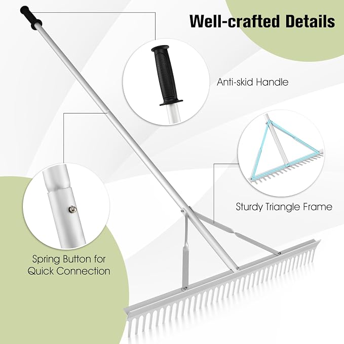 36” Landscape rake, Aluminum Garden with 36 Tines Head & 68” Non-Slip Long Handle, Double-Sided Metal Rake for Loosening Soil & Cleaning Weed, Leaf Rake for Garden Pond Beach Care