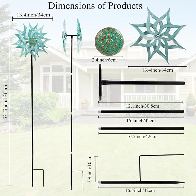 Viveta Metal Wind Spinners,53.5" Kinetic Wind Sculptures | Green Garden Pinwheels Double Layer Windmill for Outdoor Patio Lawn Yard