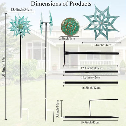 Viveta Metal Wind Spinners,53.5" Kinetic Wind Sculptures | Green Garden Pinwheels Double Layer Windmill for Outdoor Patio Lawn Yard