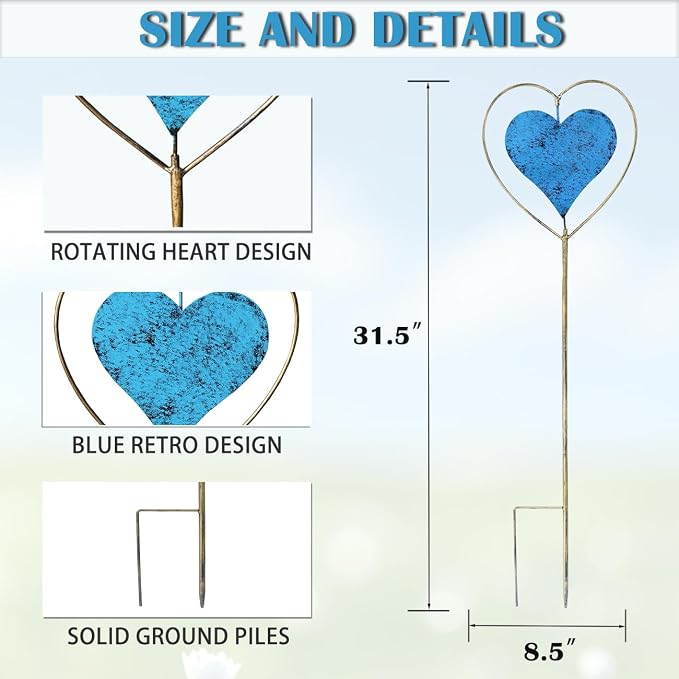 Metal Garden Decor for Outside，Rotating Heart-Shaped Garden Stake, Cemetery Decorations for Grave,Perfect for Planter Decorations, Outdoor Lawn Gardens, Also the Best Choice for Gifts - Blue