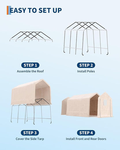 10X15 Ft Heavy-Duty Portable Outdoor Storage Shed with Roll-Up Door & Vent, 240g Waterproof PE Tarp & UV Protection, Carport Storage Shelter for Motorcycles, Firewood, Garden Tools - Khaki