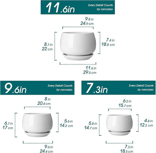 vancasso 3-Pack Ceramic Plant Pots, 7.3/9.6/11.6 Inch Indoor Planters with Saucers & Drainage Hole Planter pots for Indoor Plants and Flower, White