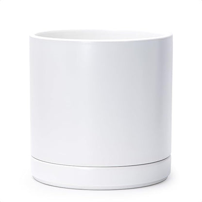 D'vine Dev 10 Inch Ceramic Planter Pot with Drainage Hole and Saucer, Indoor Cylinder Round Planter Pot, White, 94-O-E-1