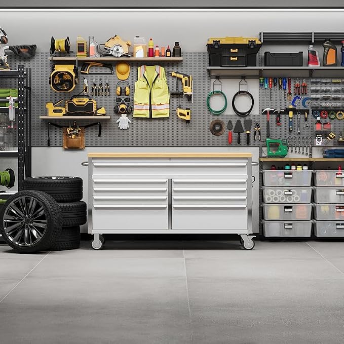 Heavy Duty 61" Tool Chest Cabinet, Mobile Garage Workbench with 9 Drawers and Power Strip, Rubber Wood Worktop, 1675 LBS Load, Rolling Tool Storage Organizer for Mechanic, Shop or Home Use