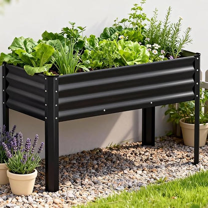 COMHOMA Raised Garden Bed with Legs 4x2x2.5ft,Large Elevated Galvanized Metal Planter Box with Drainage Holes,Outdoor Growing Kit with Gloves Tools for Backyard Patio Lawn,Black