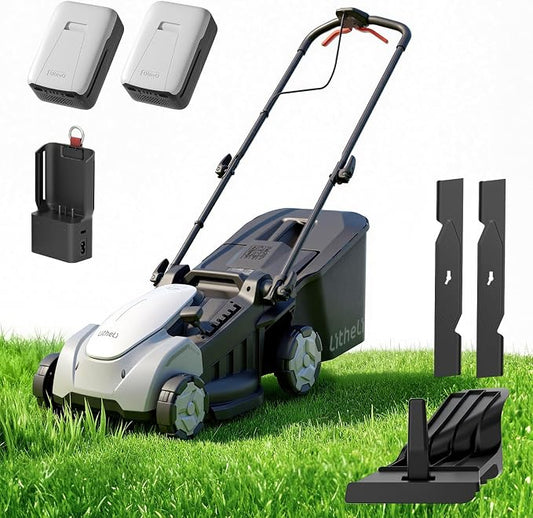 Litheli 2x20V 16 Inch Cordless Lawn Mower, Brushless Battery Powered Push Mower, 6 Adjustable Cutting Heights 25-75mm, 50L Collection Bag & Mulching, 2x5.0Ah Batteries and Charger Included