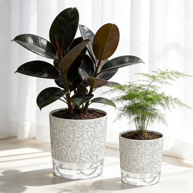 Self Watering Pots for Indoor Plants, 4/5.5 Inch Crackle Pattern Planters with Clear Water Reservoir & Wick System, 4 Pack Plastic Flower Pots for Succulents, Herbs, African Violets
