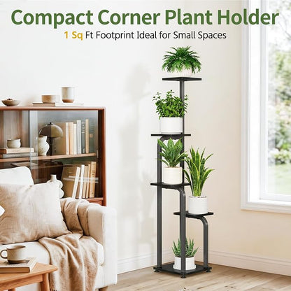 LASZOLA 5 Tiered Plant Stand Tall for Indoor Corner, Modern Multiple Flower Display Rack with Wooden Tray, Vertical Planter Shelf for Living Room Bedroom Patio Garden Balcony, Black