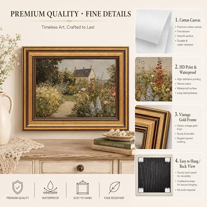 Devunaty Gold Framed Vintage Painting Wall Art Nature Wildflower Landscape Wall Decor Country Farmhouse Garden Floral Pictures Rustic Cottagecore Aesthetic Poster for Bathroom Living Room 16"x24"