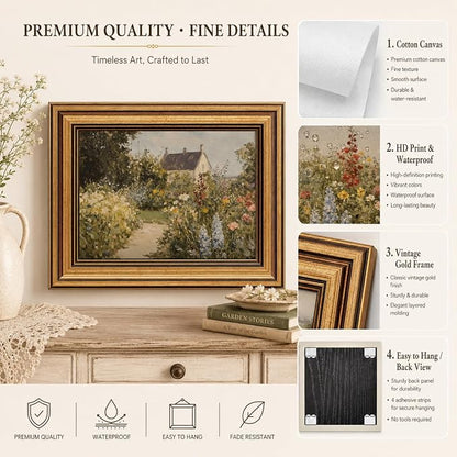 Devunaty Gold Framed Vintage Painting Wall Art Nature Wildflower Landscape Wall Decor Country Farmhouse Garden Floral Pictures Rustic Cottagecore Aesthetic Poster for Bathroom Living Room 16"x24"