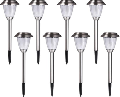 Solar LED Outdoor Lights 8-Pack Stainless Steel Pathway Landscape Lights for Outdoor Path Patio Yard Deck Driveway and Garden, (Silver)