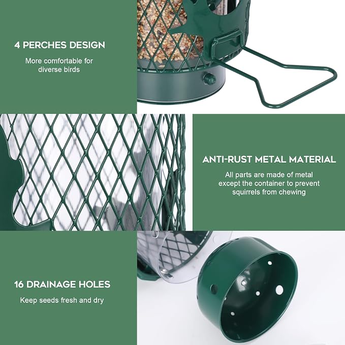 Gbekery Squirrel Proof Bird Feeder for Outdoors Hanging, Metal Mesh Bird Feeder for Outsides with Gravity Protection for Small Birds, Weatherproof and Durable, Green