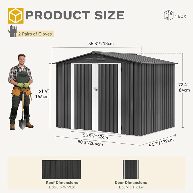 DWVO 7x5ft Metal Outdoor Storage Shed, Waterproof Tool Shed Heavy-Duty Storage Unit with Lockable Door and Vents, Ideal for Bicycles, Tools, Lawnmowers, Backyards, Patios, Lawns - Dark Gray