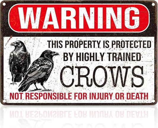 Funny Crow Metal Tin Signs,This Property Is Protected By Highly Trained Crows Private Property Warning Sign,Vintage Wall Art for Home Yard Garden Outdoor Wall Decor