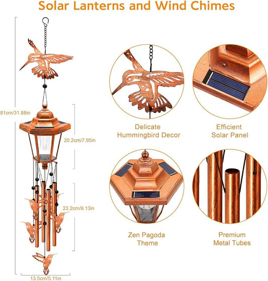 Hummingbird Solar Wind Chimes for Outside, Birthday Gifts for Mom Women Grandma Mother's Day Memorial, 34-Inch Windchimes with Wind Spinner, Outdoor Hanging Solar Lights Yard Garden Decor, 2 Pack