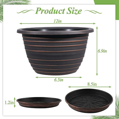 KPUVX 12 Inch Plastic Flower Pot for Indoor and Outdoor Plants, 3 Pack Large Planters with Drainage Holes & Saucers, Retro Antique Imitation Decorative Garden Pots