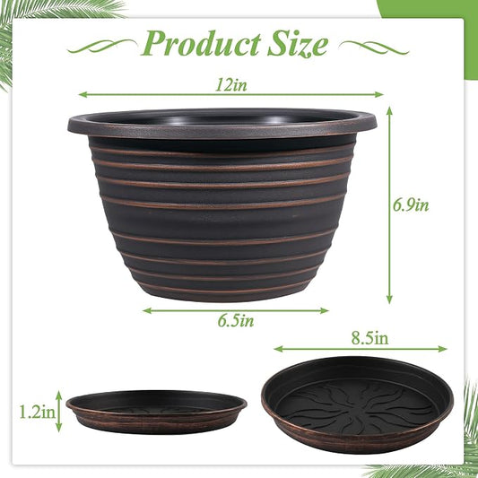 KPUVX 12 Inch Plastic Flower Pot for Indoor and Outdoor Plants, 3 Pack Large Planters with Drainage Holes & Saucers, Retro Antique Imitation Decorative Garden Pots