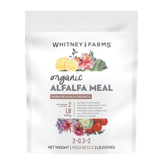 Whitney Farms Organic Alfalfa Meal 2-0.3.2 - Slow-Release Nitrogen Fertilizer and Soil Enhancer for Vegetables, Flowers, Roses, Herbs, and Shrubs, 2 lb.