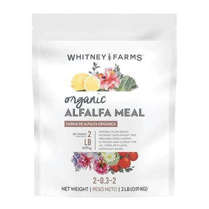 Whitney Farms Organic Alfalfa Meal 2-0.3.2 - Slow-Release Nitrogen Fertilizer and Soil Enhancer for Vegetables, Flowers, Roses, Herbs, and Shrubs, 2 lb.