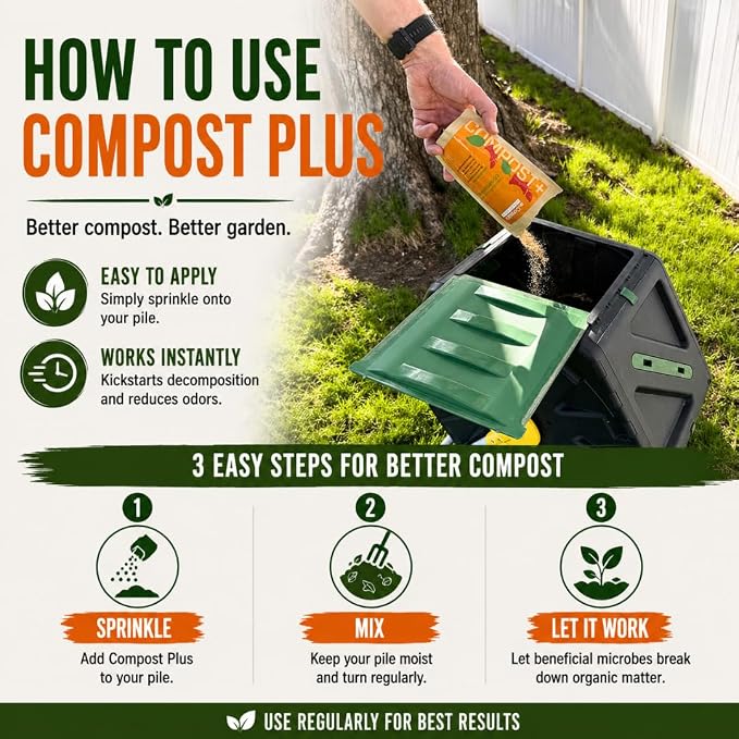 Dr. Connie’s Compost Plus – 100X Concentrated Starter & Accelerator | Natural Microbe Activator for Bins, Tumblers & Piles | Odor Control Garden Waste Additive (Indoor & Outdoor)