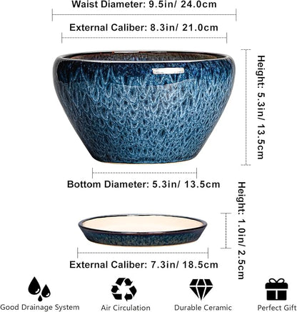 Ceramicfor Ceramic Pots for Plants - 9 Inch Plant Pot Indoor with Drainage Hole and Saucer, Ceramic Planters for Outdoor Plants, Round Modern Flower Pot, Housewarming Gifts, Home Decor, Blue