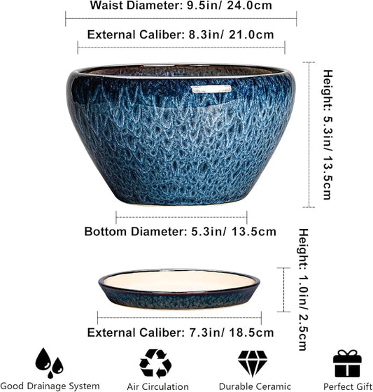 Ceramicfor Ceramic Pots for Plants - 9 Inch Plant Pot Indoor with Drainage Hole and Saucer, Ceramic Planters for Outdoor Plants, Round Modern Flower Pot, Housewarming Gifts, Home Decor, Blue