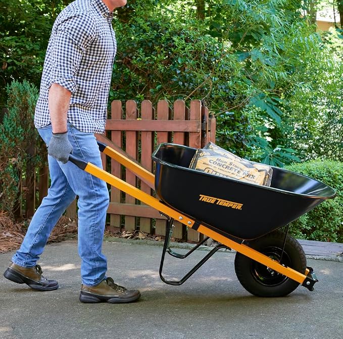 True Temper Steel Wheelbarrow with Never Flat Tire & Steel Handles, 6 Cu. Ft