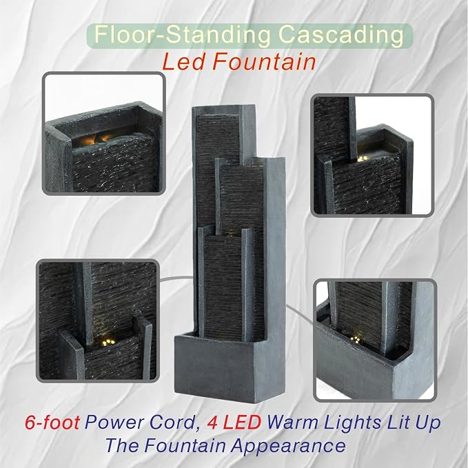 40" H Outdoor Water Fountain, Modern Floor Standing Cascading Waterfall with LED Lights, Resin Water Feature for Porch Patio Garden Home Office, Black