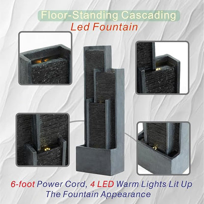 40" H Outdoor Water Fountain, Modern Floor Standing Cascading Waterfall with LED Lights, Resin Water Feature for Porch Patio Garden Home Office, Black