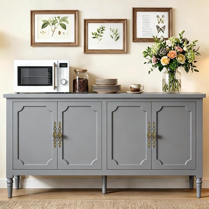 RoyalCraft Sideboard Buffet Cabinet with Storage, 59" Mid Century Modern Credenza with 4 Doors, Coffee Bar Wine Bar Storage Cabinet with Artistic Carved Handle for Living Room, Dining Room, Gray