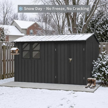 KEIKI 12x10 Ft Metal Outdoor Storage Shed Garden with Window, Foldable Worktable & Shelves, Lockable Door, Waterproof Apex Roof Heavy Duty Tool House for Backyard Garden Lawn, Black