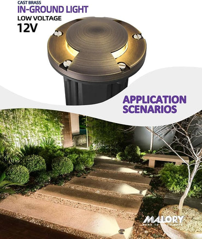 MALORY Brass Top Cover Landscape Well Lights,(φ126 mm) 12V Low Voltage Outdoor In Ground Lights,Landscape Lighting for Pathway, Driveway and Garden (Two-Direction Turret, 1-Pack with Bulb)