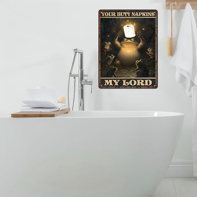 Vintage Frogs Tin Sign Your Butt Napkins My Lord Retro Bathroom Metal Poster Magic Funny Frog Wall Art Froglovers Toilet Man Cave Bar Cafe Indoor Room Garage Store Office 12 * 16inch