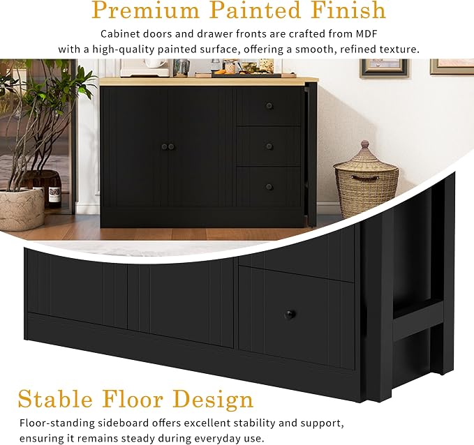 Merax 89.7'' Wood Buffet Sideboard with Extendable Table, Multifunctional Storage Cabinet with 2 Doors and 3 Drawers for Living Room,Study,Foyer and Kitchen Black + Natural