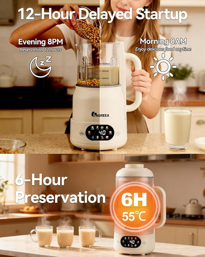 IAGREEA Nut Milk Maker Machine, Beige, 10 in 1 Noise Reducing Soy Milk Maker with 8 Blades, 35oz, Homemade Oat, Juice, Yogurt, Milk Shake, 12H Delay, 6H Keep Warm, BPA-Free, Self-Cleaning