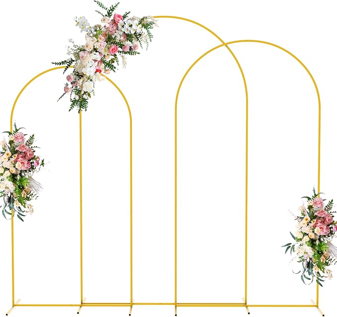 Wokceer Wedding Arch Backdrop Stand 8FT, 7.2FT, 6.6FT Set of 3 Gold Metal Arch Backdrop Stand for Wedding Ceremony Baby Shower Birthday Party Garden Floral Balloon Arch Decoration