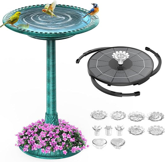AISITIN 28 Inch Bird Bath with 3.5W Solar Fountain for Outside, Polyresin Pedestal Bird Baths for Outdoor Garden Courtyard Decoration, Weather-Resistant Birdbaths with 20" Bowl & 8 Nozzles, Green