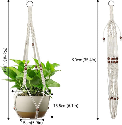 USLAI Macrame Plant Hanger Indoor Outdoor, Fits 4 to 15 Inch Pots, Strong Hanging Planter Holder, Boho Home Decor, 35+35 Inch, Ivory+Red Bead, Set of 2 (POTS NOT Included)