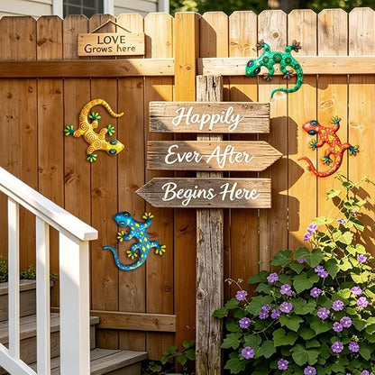 Metal Gecko Wall Decor- 8.7 inches Outdoor Lizards Decoration for Garden Backyard Fence Patio(4 Pack)