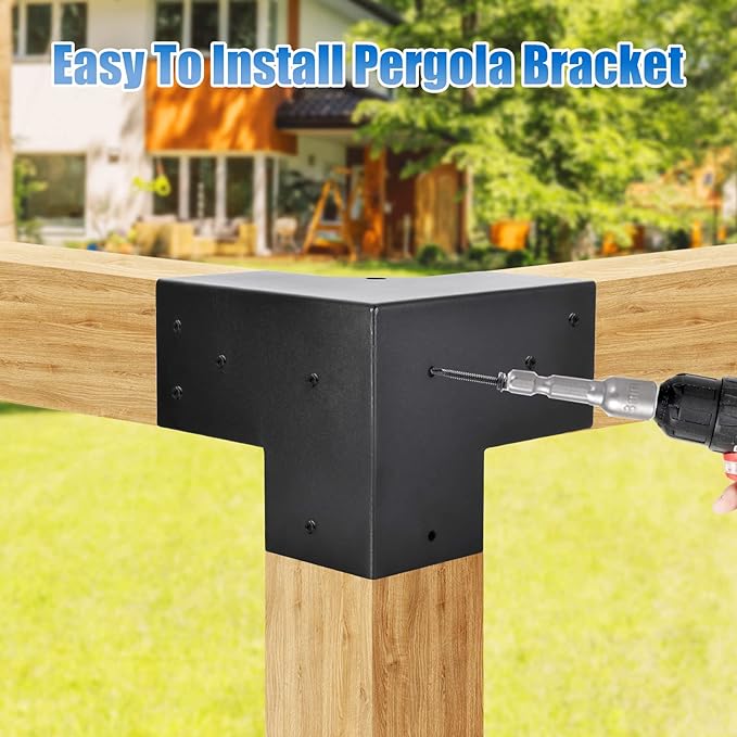 4 Pcs 4"x 4" 3 Way 90 ° Pergola Bracket (Actual: 3.6“x3.6) | 3-Way Right Angle Corner Bracket With Black Powder Coated|Woodwork DIY Pergola Kit For Gazebos, Patio Pergola