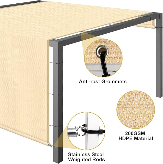 Shade&Beyond 8'x16' Pergola Shade Cover with Weighted Rods & Grommets, 90% UV Block Outdoor Sun Shade Cloth Canopy Replacement Cover for Patio Porch, Wheat | 200GSM HDPE Privacy Shade Screen Panel with Weighted Rods & Grommets, 90% UV Block Outdoor Sun...